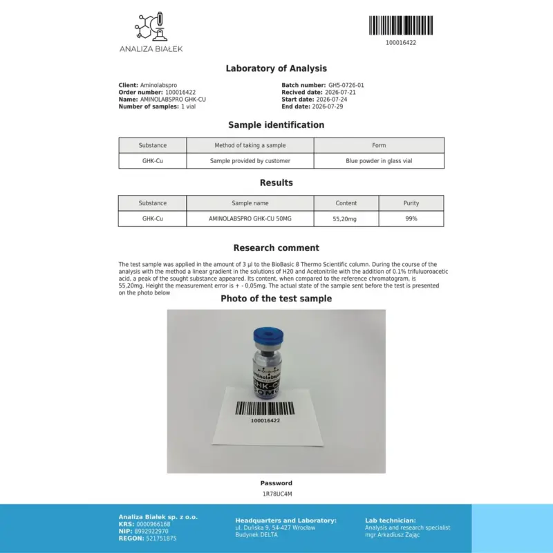 COA GHK-CU 50mg - Charge GH5-0726-01, 99 % Reinheit