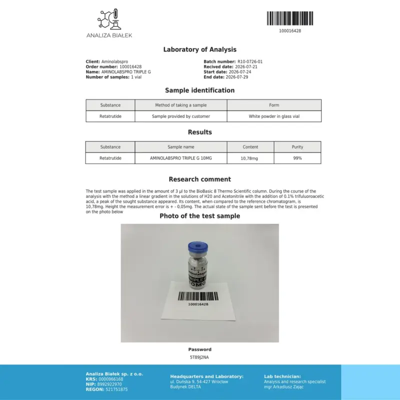 COA Triple G 10mg - Charge R10-0726-01, 99 % Reinheit