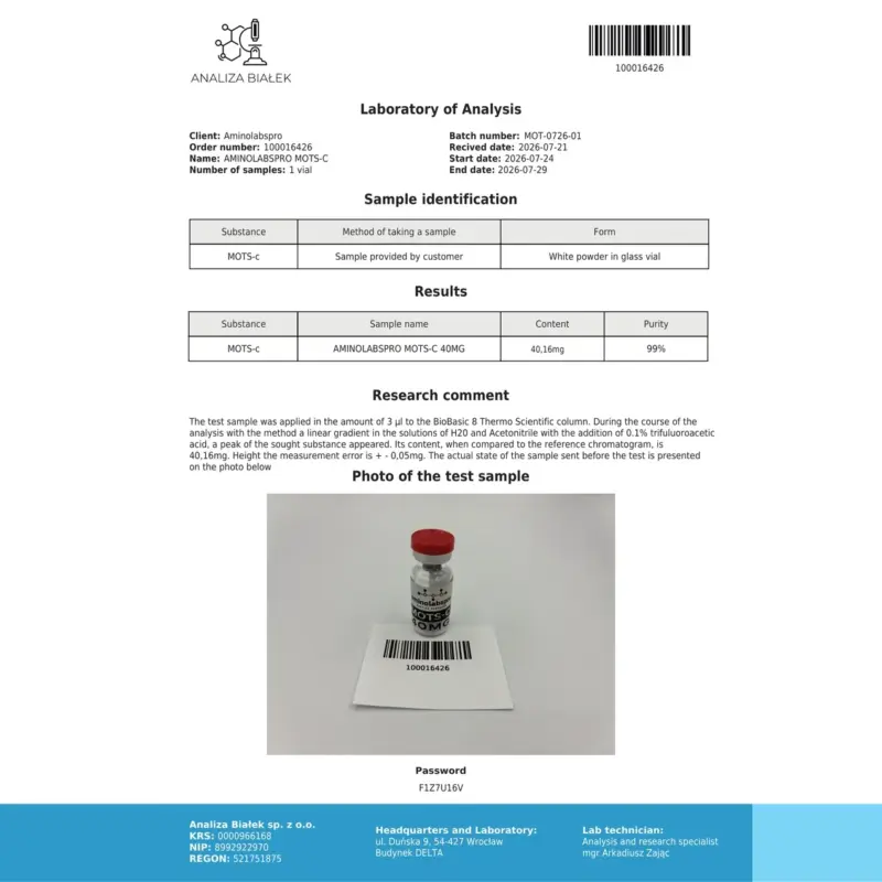 COA MOTS-C 40mg - Charge MOT-0726-01, 99 % Reinheit