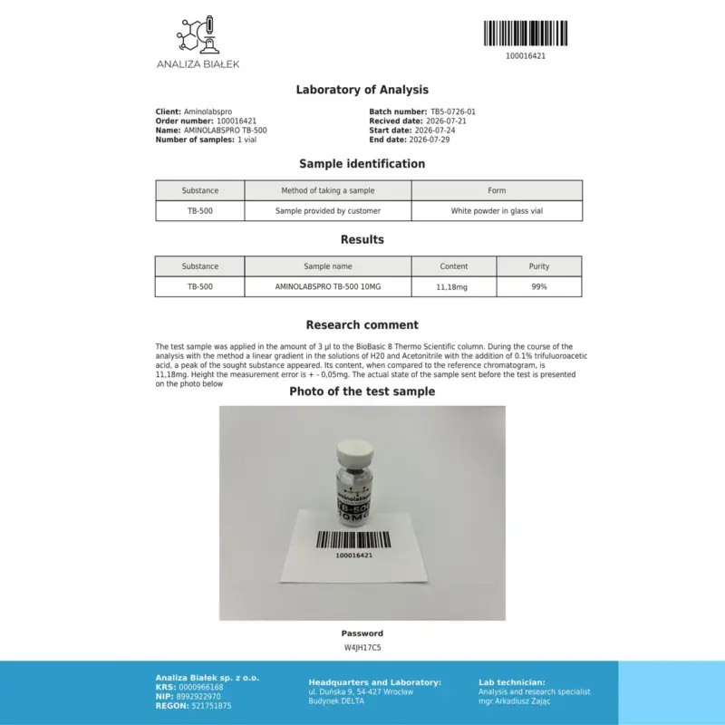 COA TB-500 10mg - Charge TB5-0726-01, 99 % Reinheit